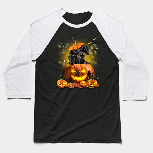 Black Dachshund Spooky Halloween Pumpkin Dog Head Baseball T-Shirt by Centorinoruben.Butterfly